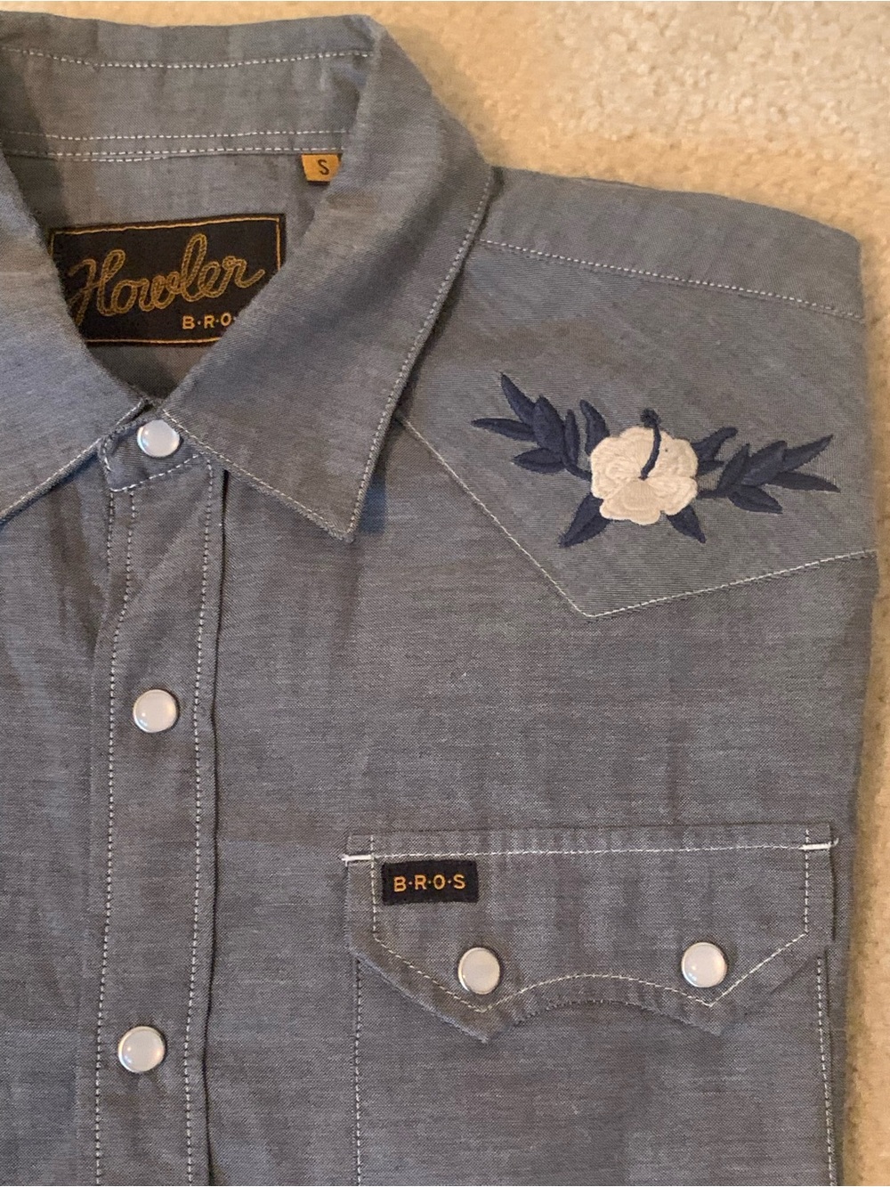 Howler Brothers Blue Chambray Western Shirt with White Floral Embroidery